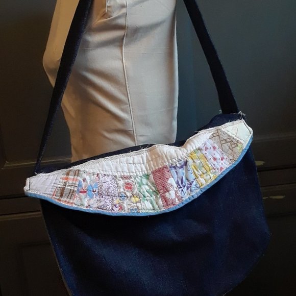 Handmade Dark Denim Shoulder Bag Purse Vintage Quilt - Blues - Picture 1 of 7